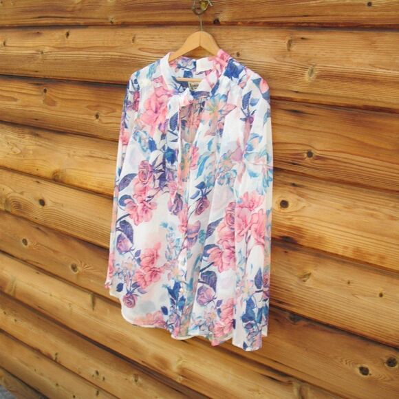 NWT White Floral Tie Neck Blouse - Picture 3 of 9